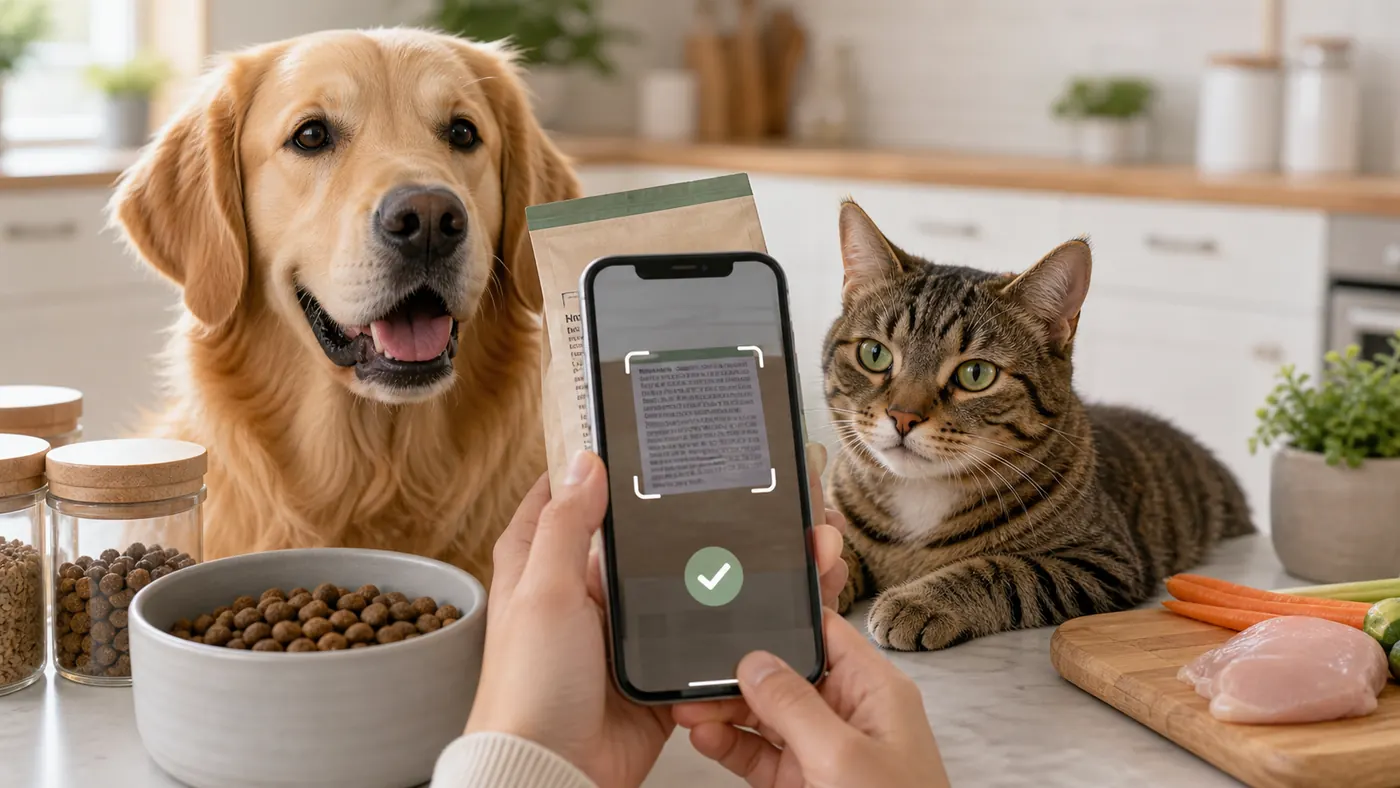 Femme utilisant son téléphone pour scanner un aliment à côté de son chien et son chat