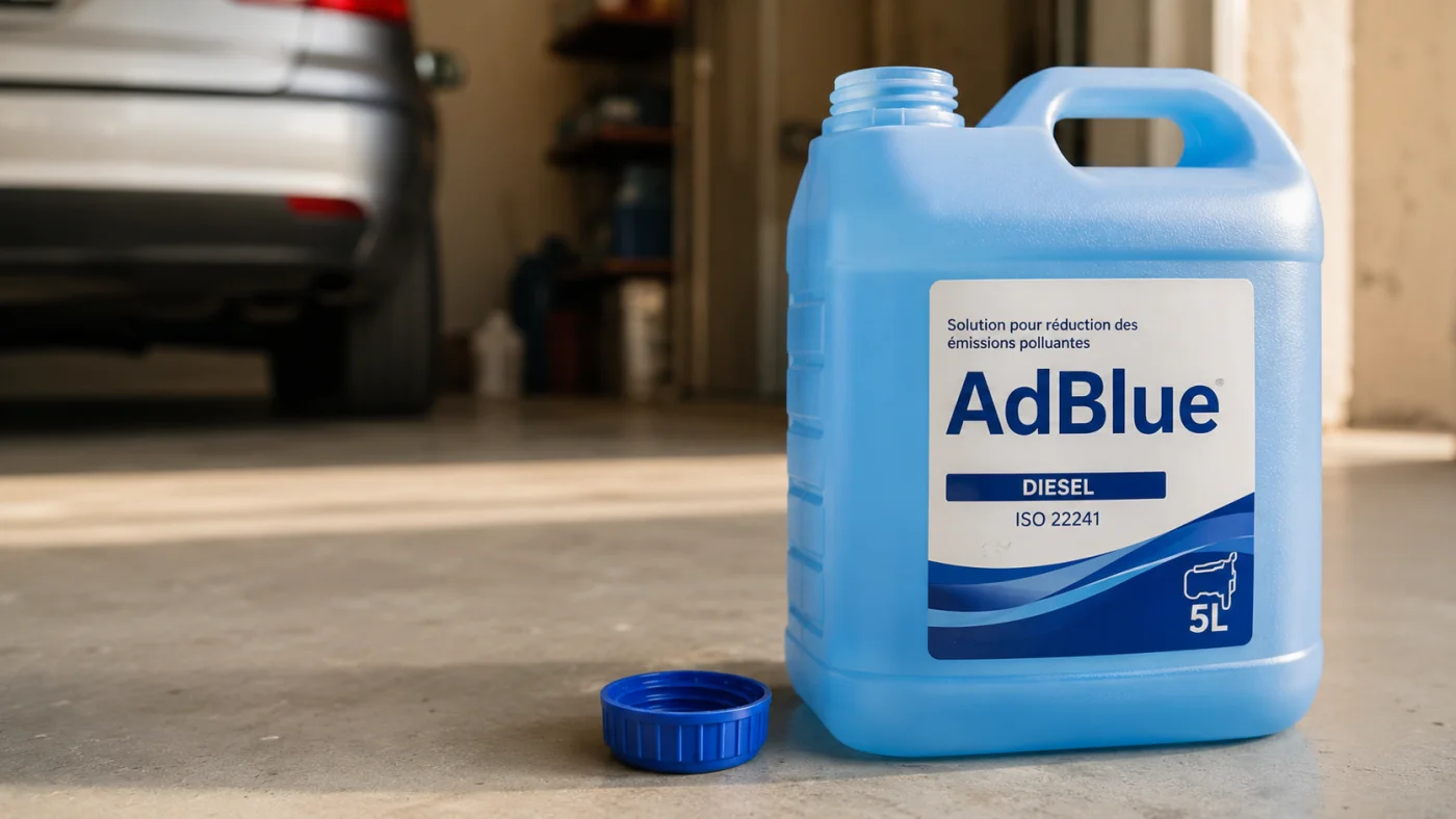 Bidon bleu d'AdBlue avec étiquette visible dans un garage