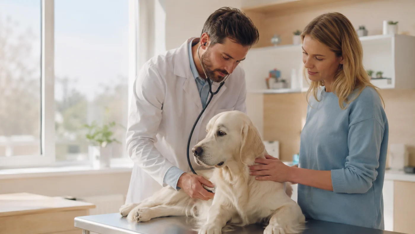 Vétérinaire examinant un chien après une possible ingestion d'AdBlue