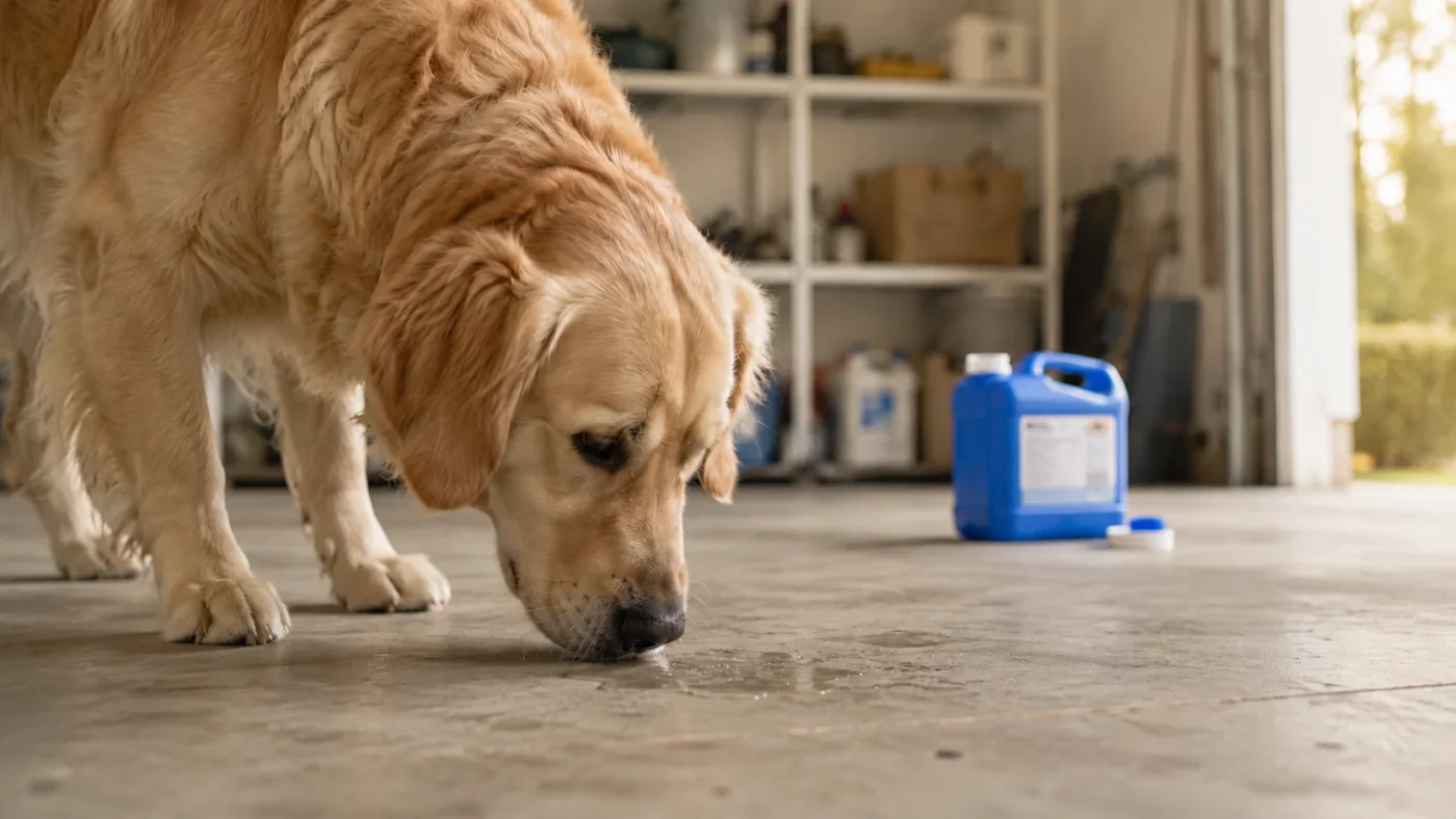 Chien reniflant une flaque d'AdBlue incolore près d'une voiture dans un garage