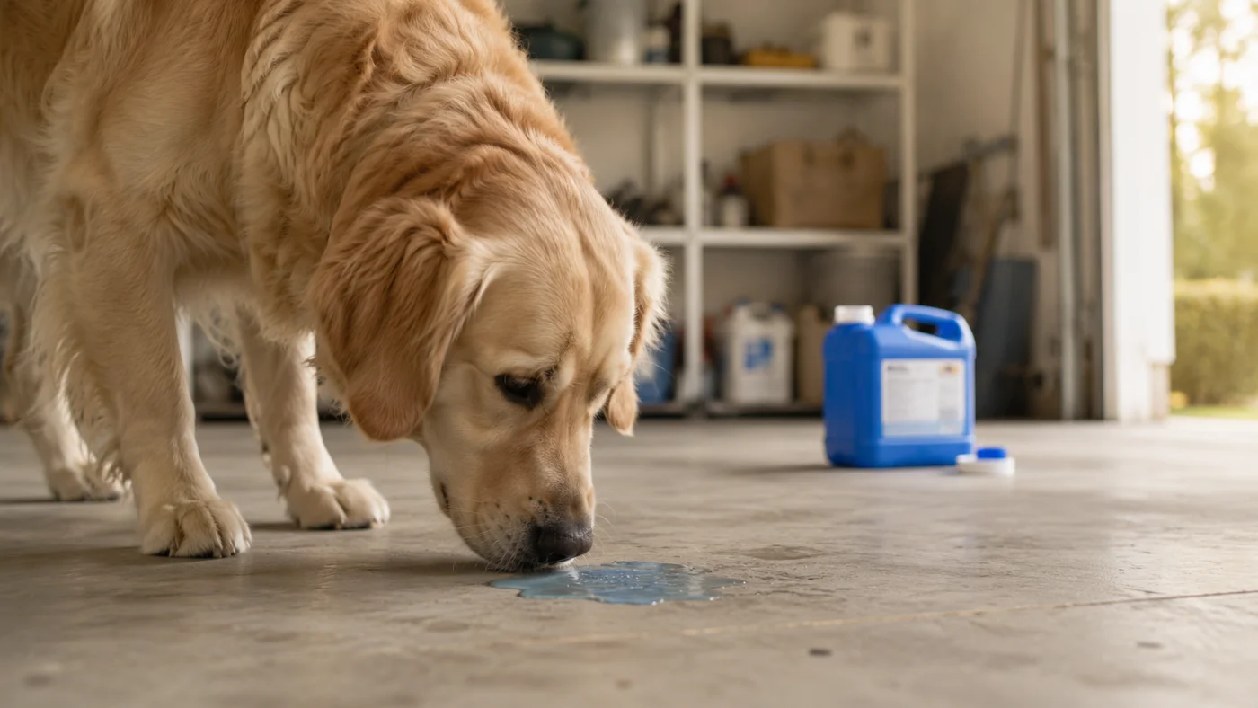 Chien reniflant une flaque bleutée d'AdBlue près d'une voiture dans un garage