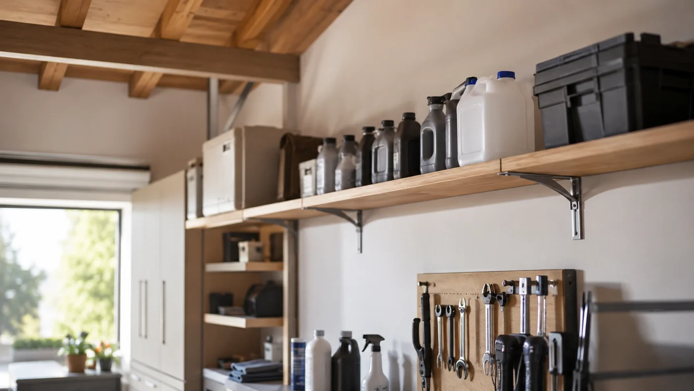 Bidon d'AdBlue rangé en hauteur dans un garage bien organisé