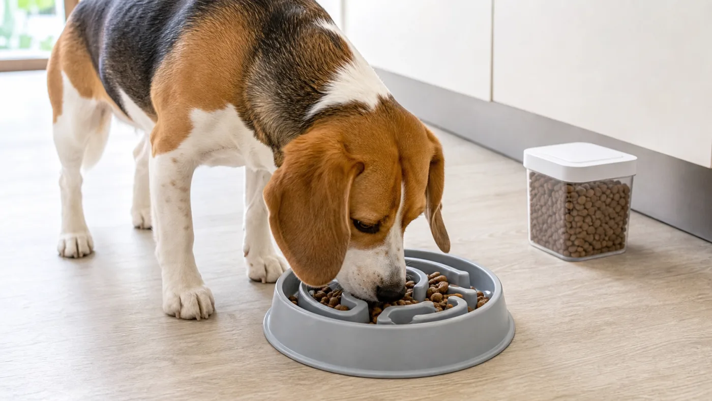 Beagle mangeant dans une gamelle anti-glouton avec une portion mesurée de croquettes