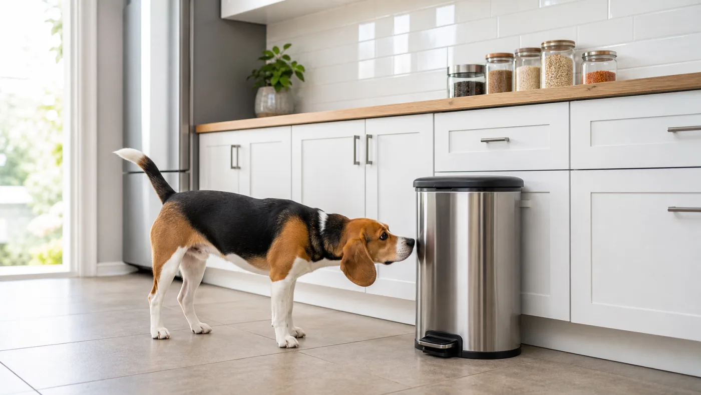 Beagle dans une cuisine avec poubelle fermée et plans de travail dégagés