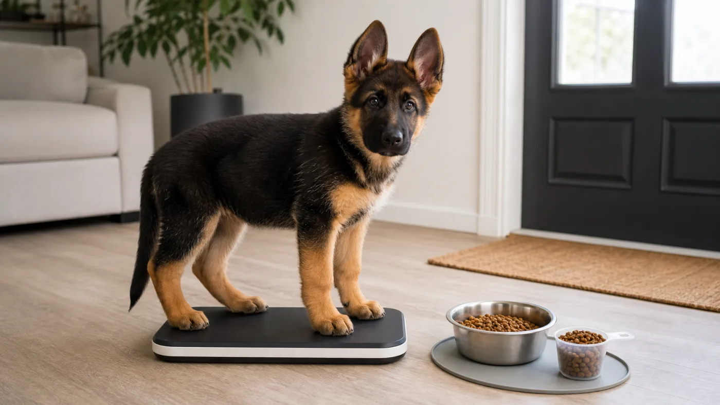 Chiot Berger Allemand sur une balance avec une ration de nourriture mesurée