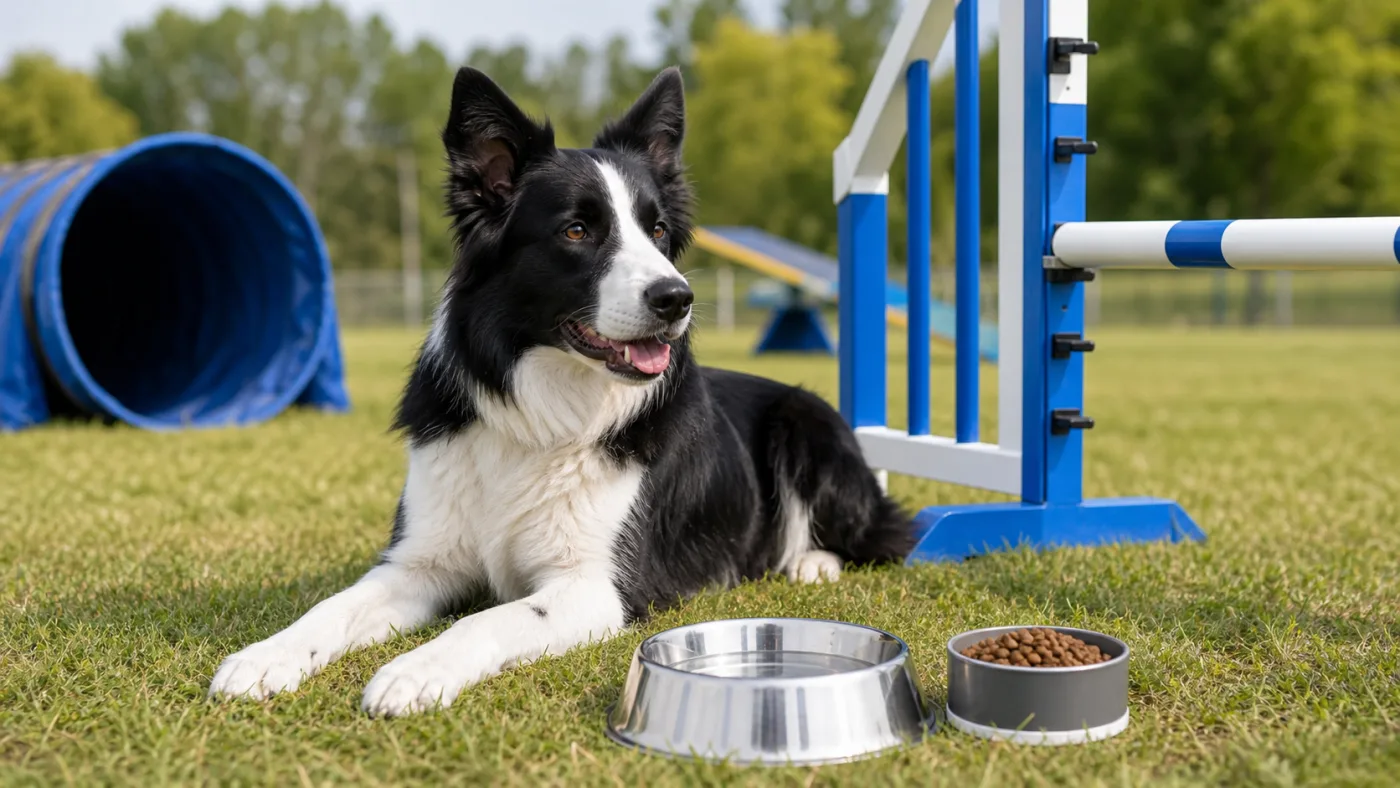 Border Collie athlétique au repos près d'un terrain d'agility avec eau et ration mesurée
