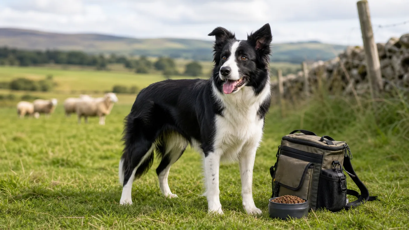 Border Collie debout dans un pâturage avec des moutons flous en arrière-plan
