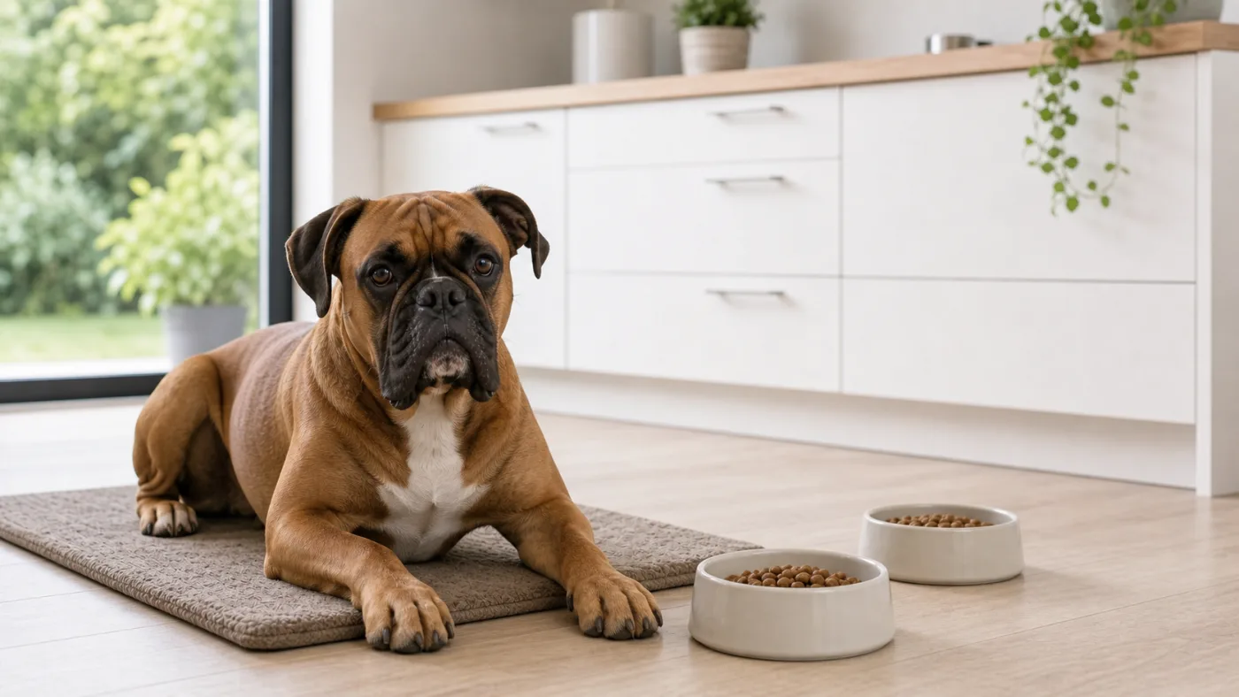 Boxer couché au repos avec deux petites gamelles de croquettes au sol