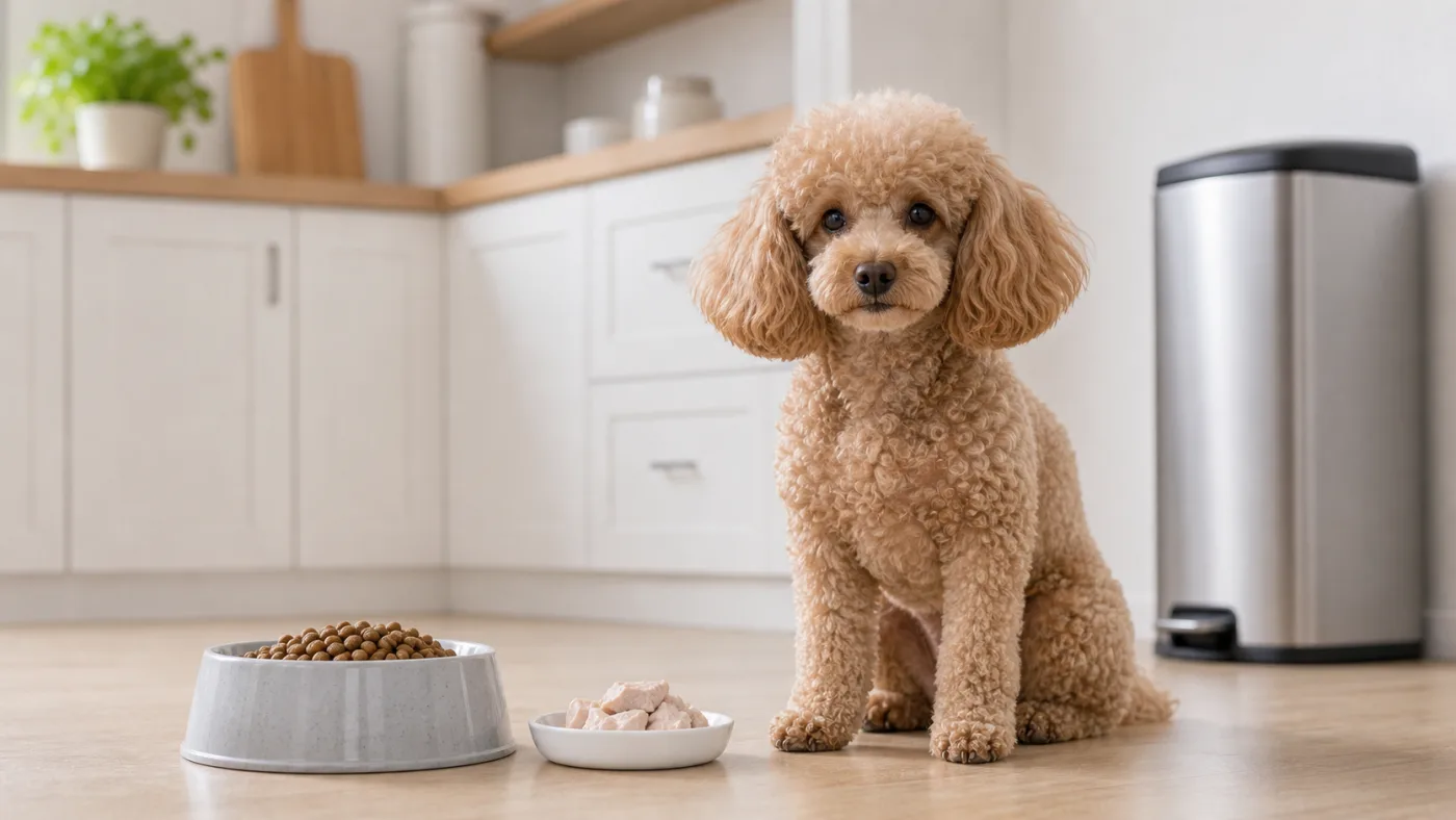 Caniche miniature près d'une ration mesurée et d'un exemple de nourriture maigre