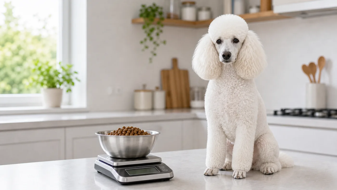Grand Caniche blanc près d'une ration de croquettes pesée sur une balance de cuisine