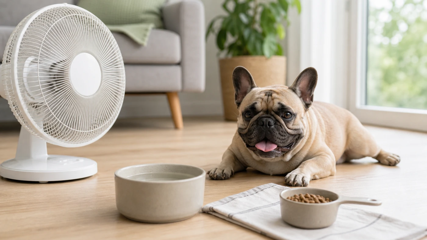 Chien au frais pendant une journée chaude avec eau disponible