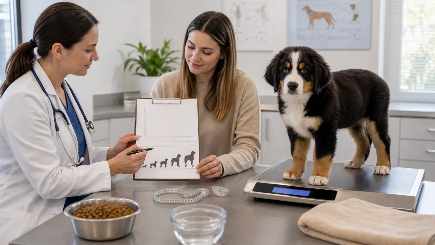 Chiot de grande race suivi sur une balance veterinaire