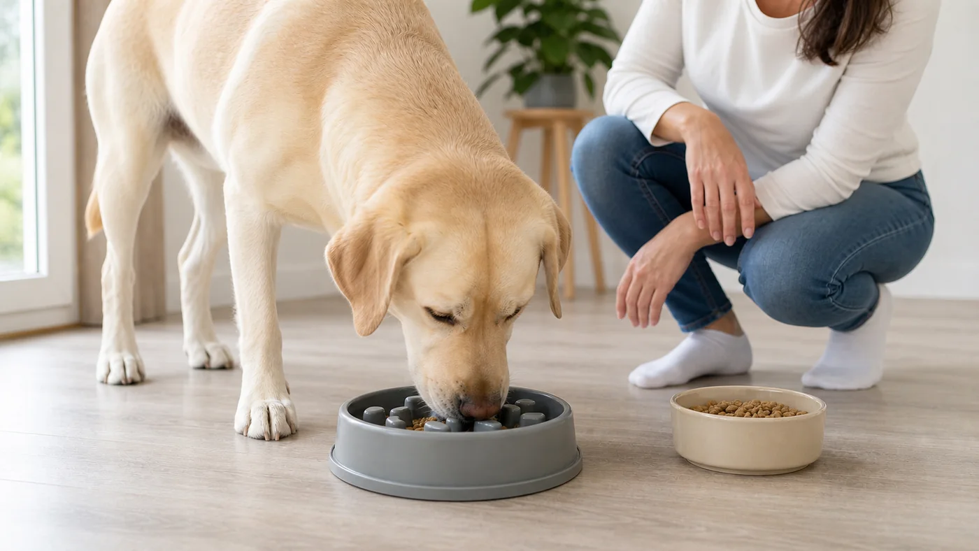 Labrador Retriever mangeant dans une gamelle anti-glouton