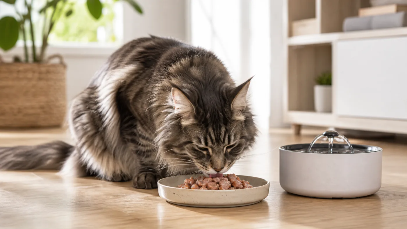Maine Coon mangeant de la pâtée avec une fontaine à eau