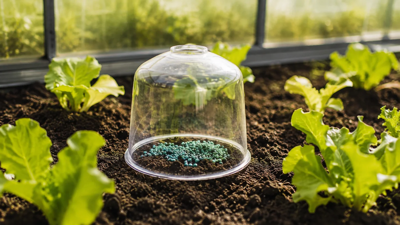 Granulés anti-limaces protégés sous une cloche transparente au milieu de jeunes salades
