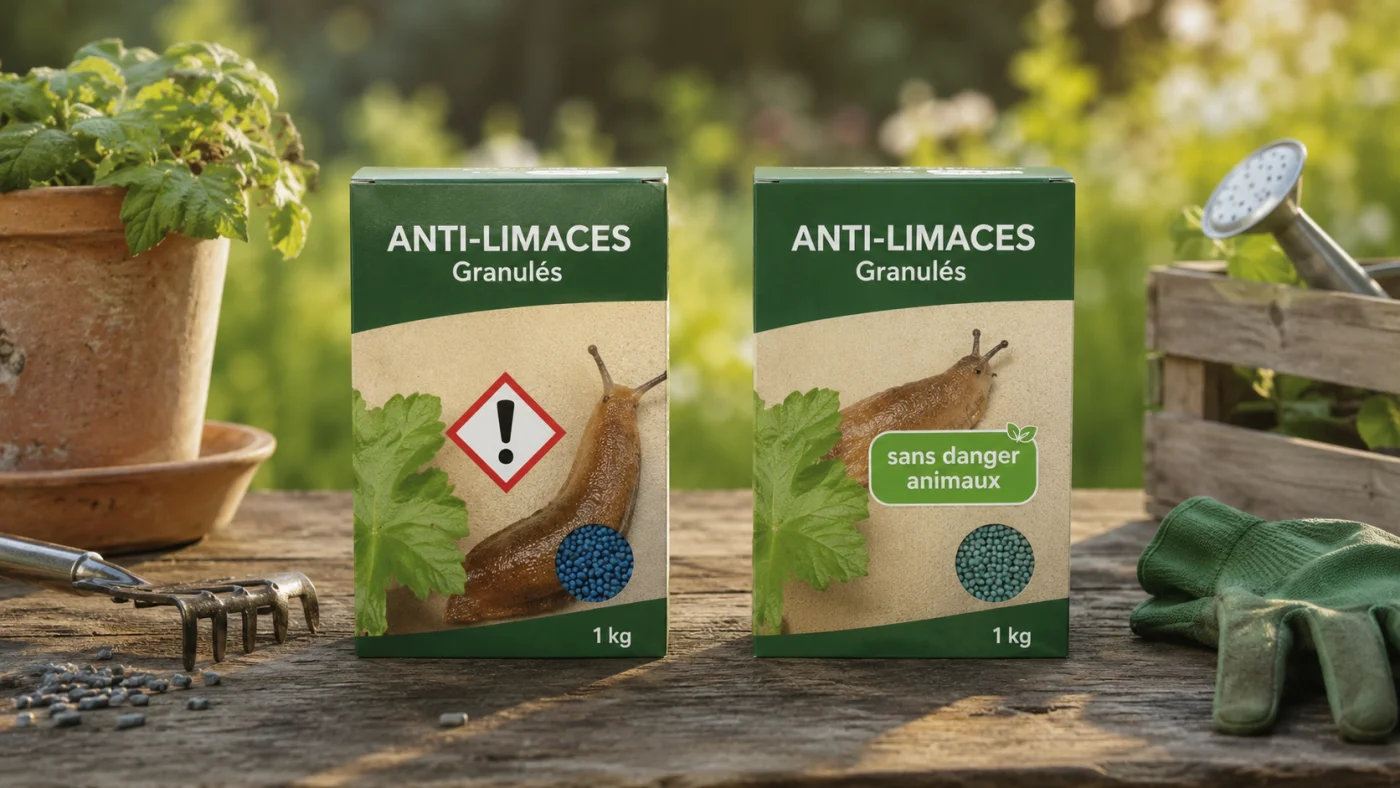Comparatif de deux boîtes d'anti-limaces, l'une au métaldéhyde, l'autre au phosphate de fer sans danger animaux