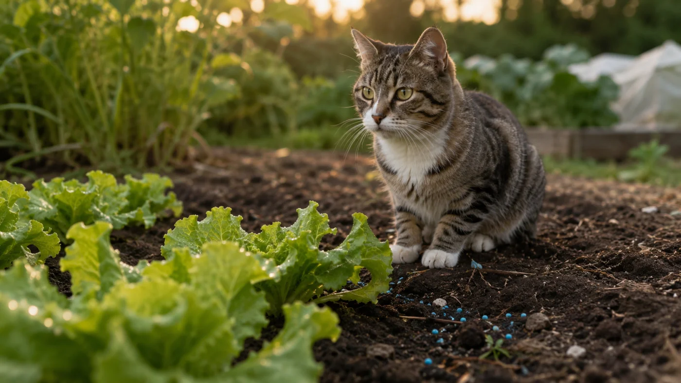 Chat curieux assis près de jeunes plants de salade avec des granulés anti-limaces à proximité