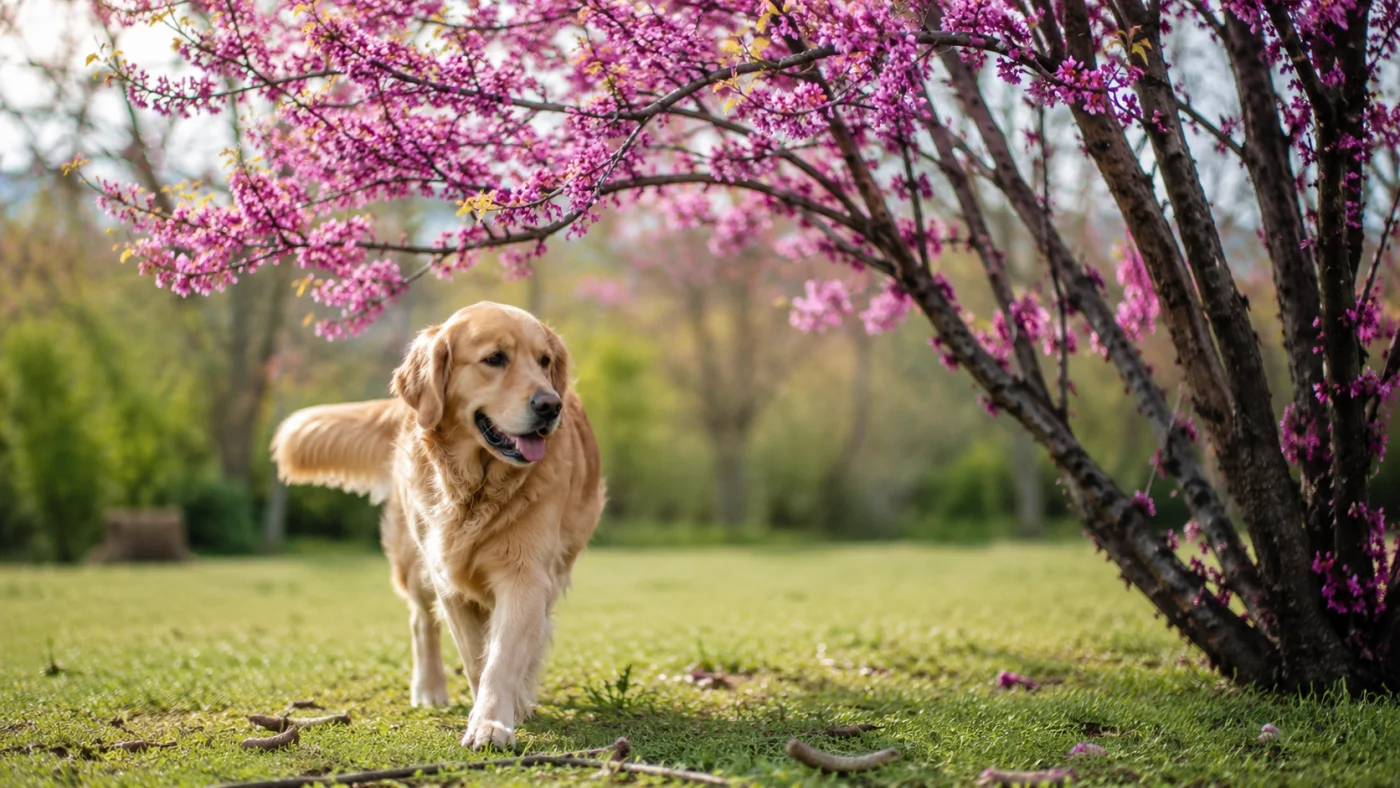 Chien dans un jardin près de gousses tombées d'un arbre de Judée