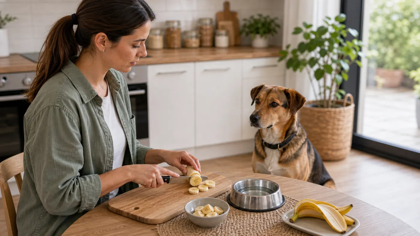 Préparation de petits morceaux de banane pour un chien