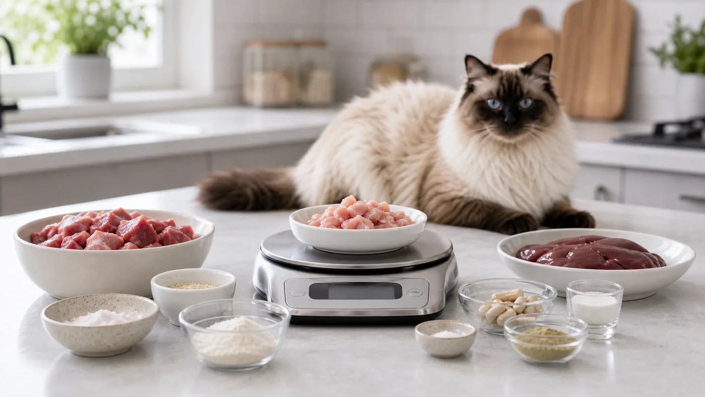 BARF pour chat : guide vétérinaire, taurine, risques et sécurité - barf chat ration crue pesee