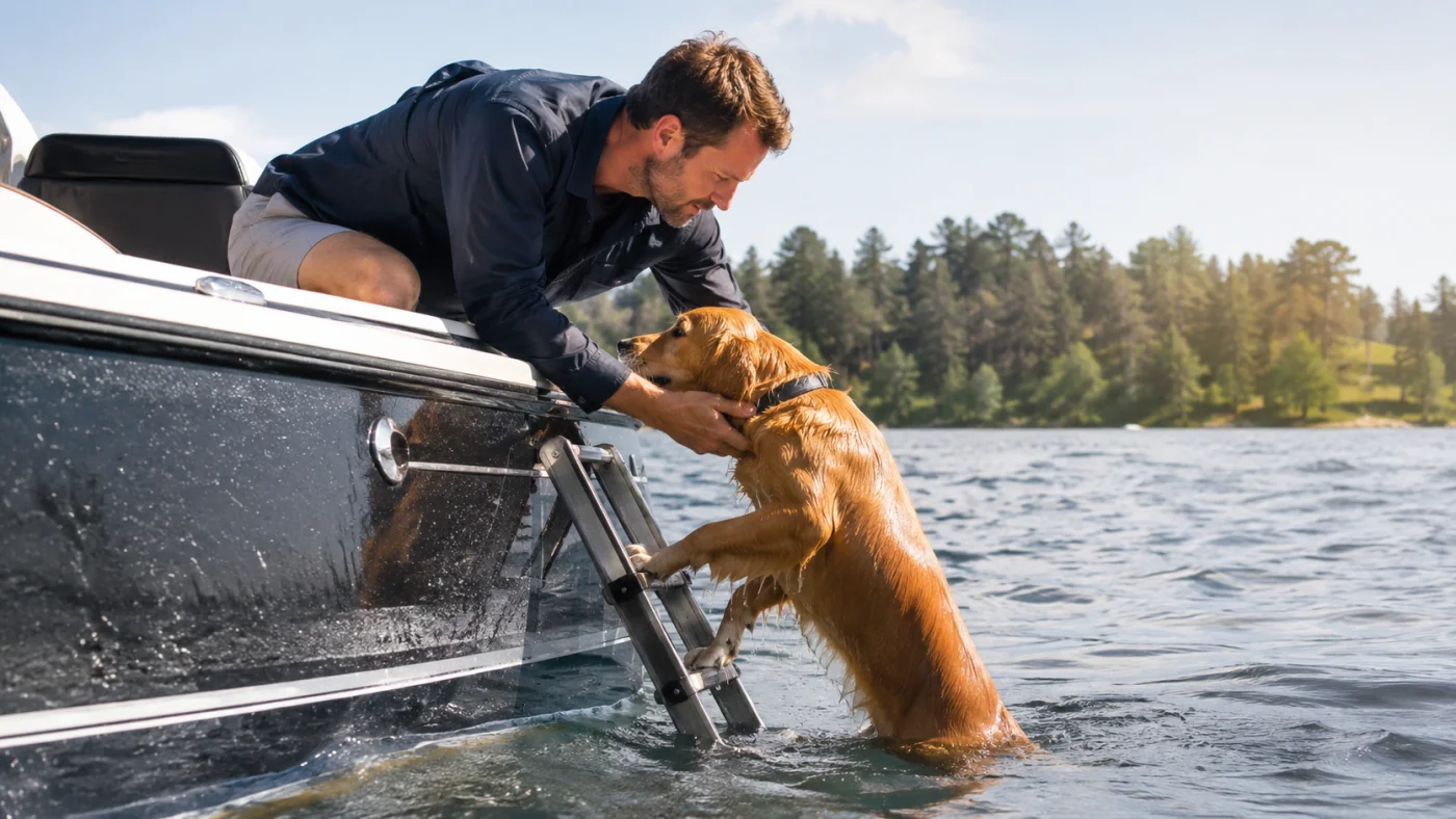 Propriétaire aidant un chien à remonter à bord d'un bateau via une échelle ou une rampe