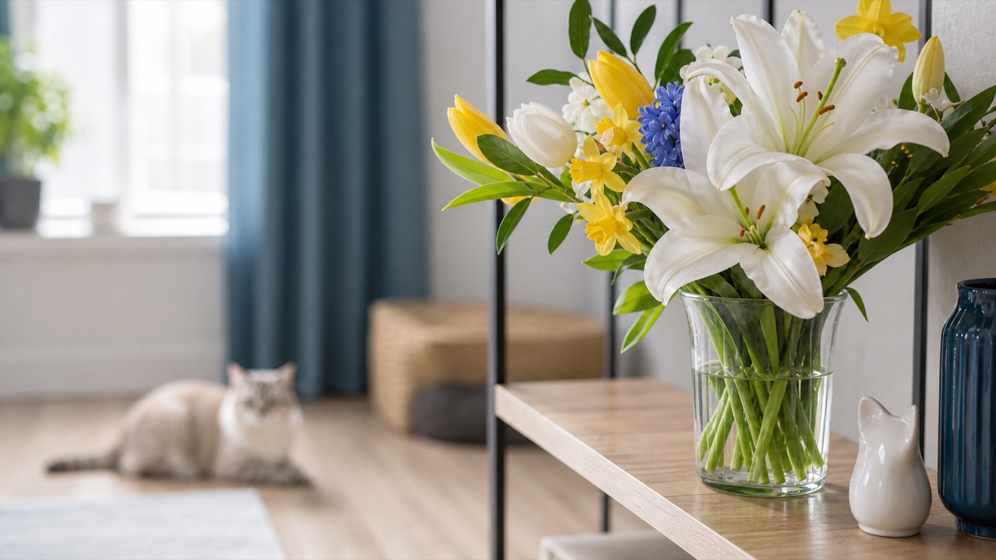Bouquet de lys et tulipes placé sur une étagère loin d'un chat