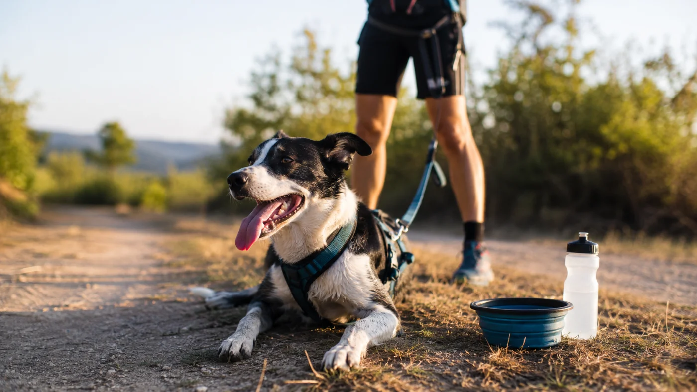 Chien en pause pendant une séance de canicross, gourde et gamelle d'eau à proximité