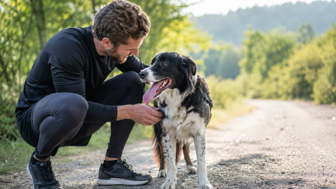 Chien qui ralentit et halète fortement pendant une course, propriétaire attentif