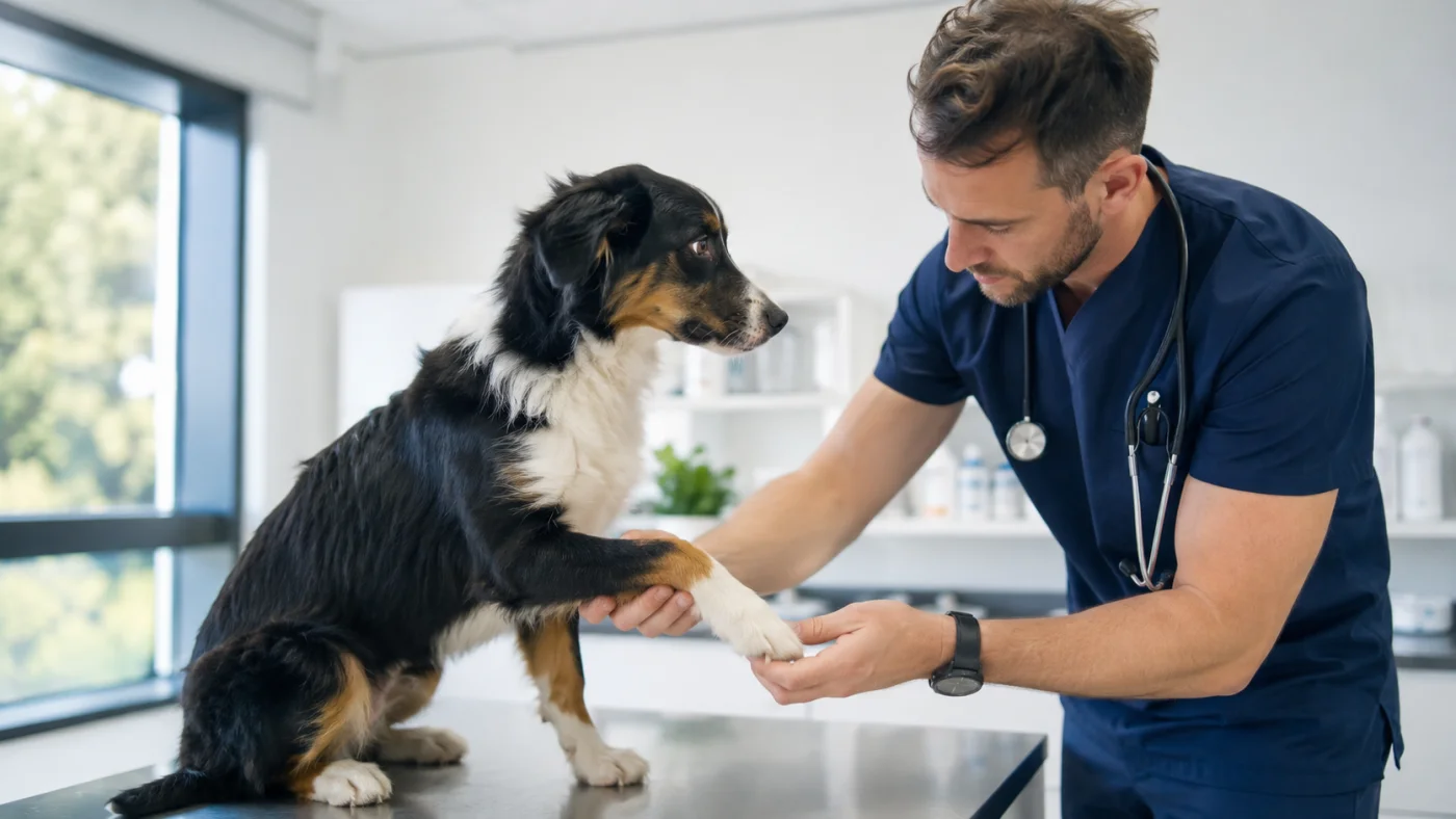 Vétérinaire examinant un jeune chien avant le début d'une activité sportive