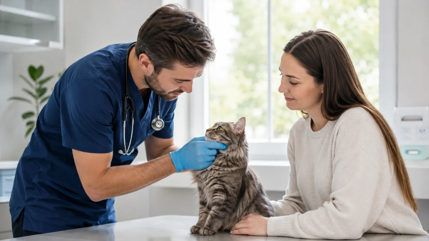 Vétérinaire examinant un chat lors d'un contrôle nutritionnel