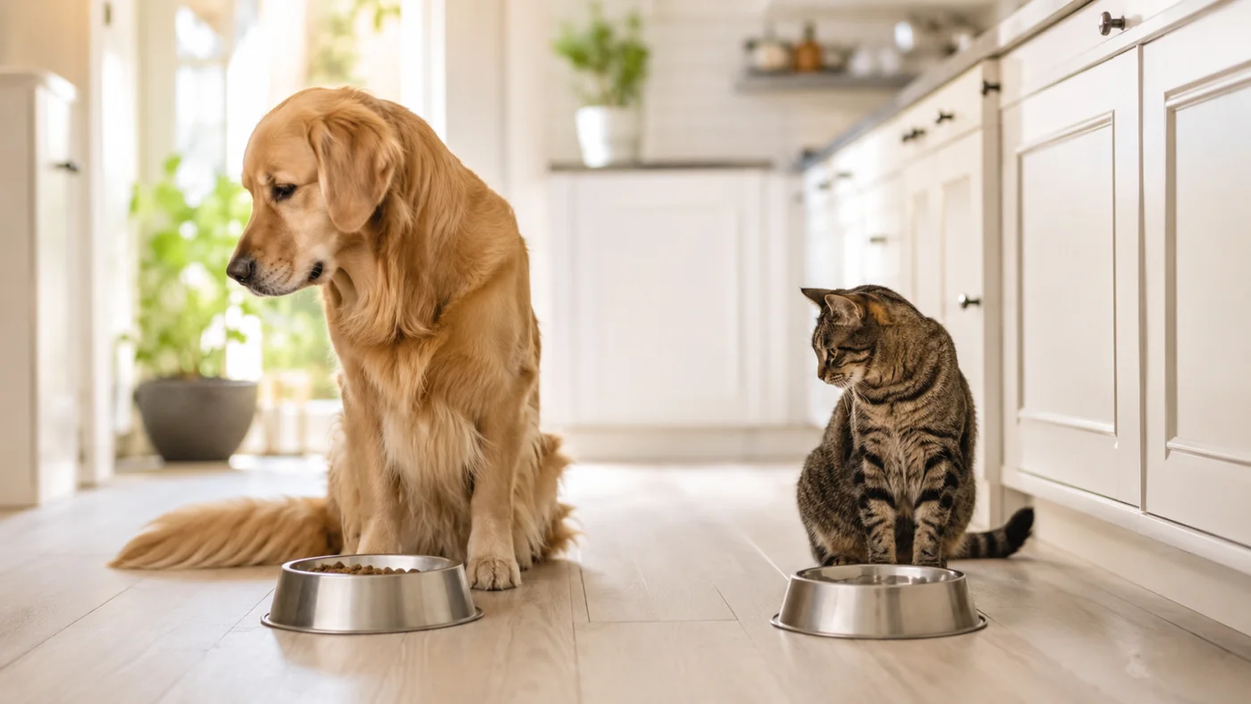 Chat et chien chacun devant leur propre gamelle dans une cuisine, gamelles clairement séparées