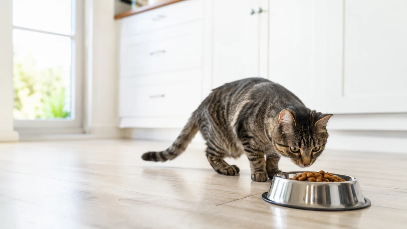 Chat qui pique discrètement des croquettes dans la gamelle du chien