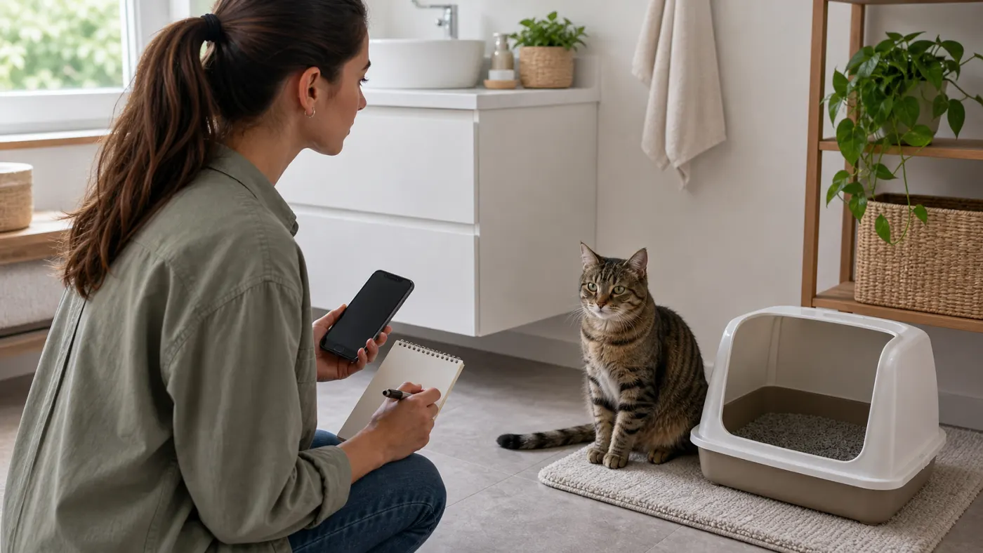 Chat près d'une litière propre pendant que sa propriétaire appelle le vétérinaire