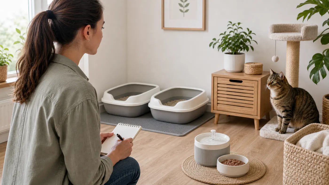 Coin litière propre avec fontaine à eau et alimentation humide pour un chat
