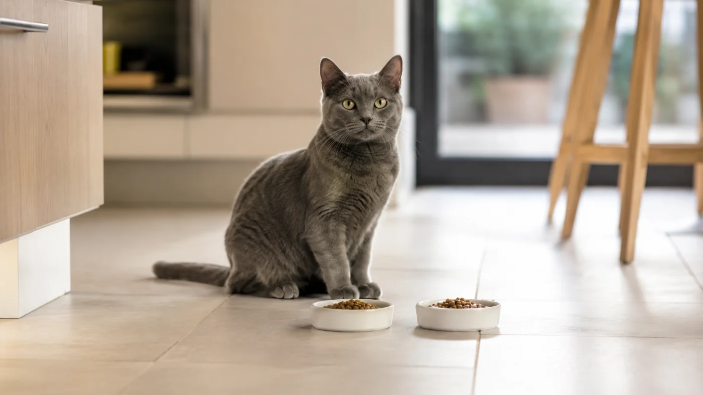 Chat stérilisé assis devant deux petites gamelles de croquettes séparées