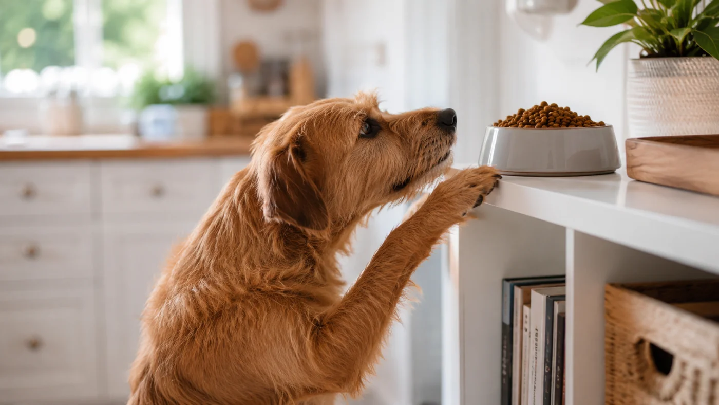 Chien reniflant avec envie une gamelle de croquettes pour chat, très appétentes