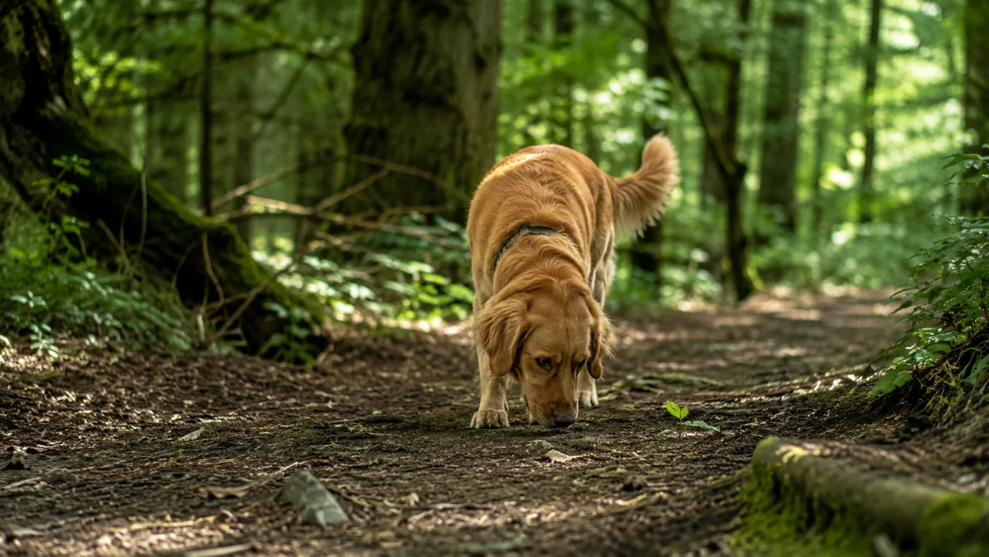 Chien qui explore un sentier forestier ombragé, truffe au sol