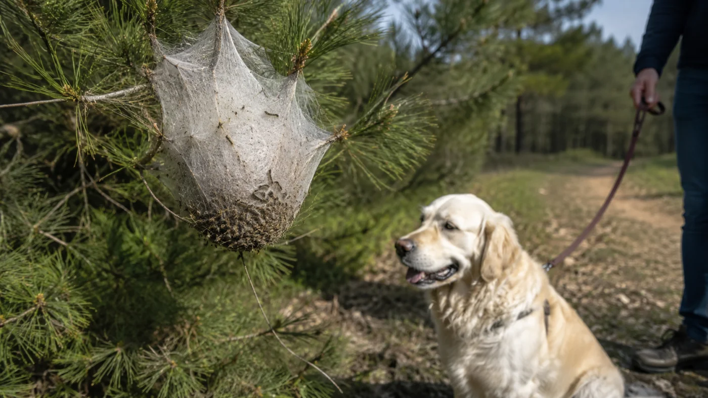 Nid de chenilles processionnaires visible dans un pin, chien tenu à distance