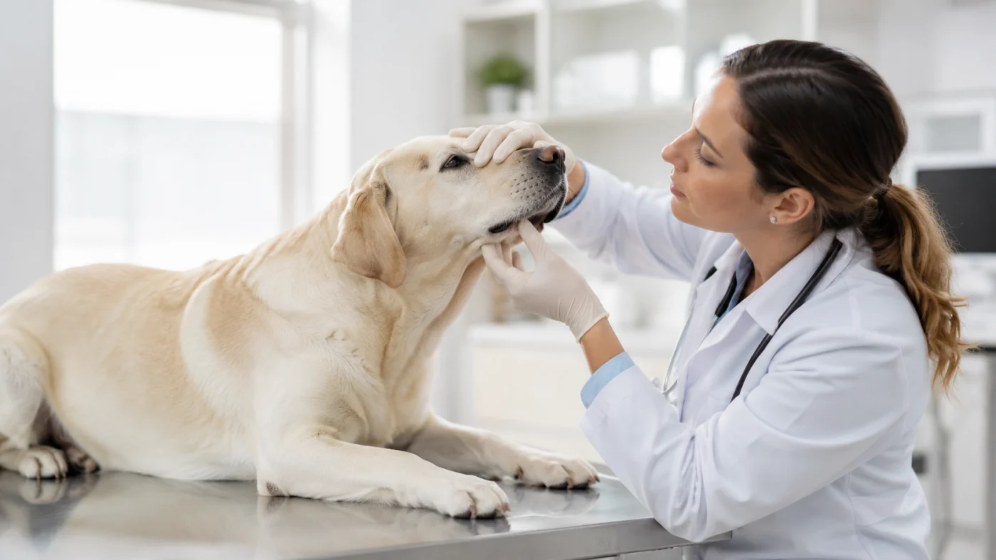 Vétérinaire examinant en urgence la gueule d'un chien après une sortie en forêt