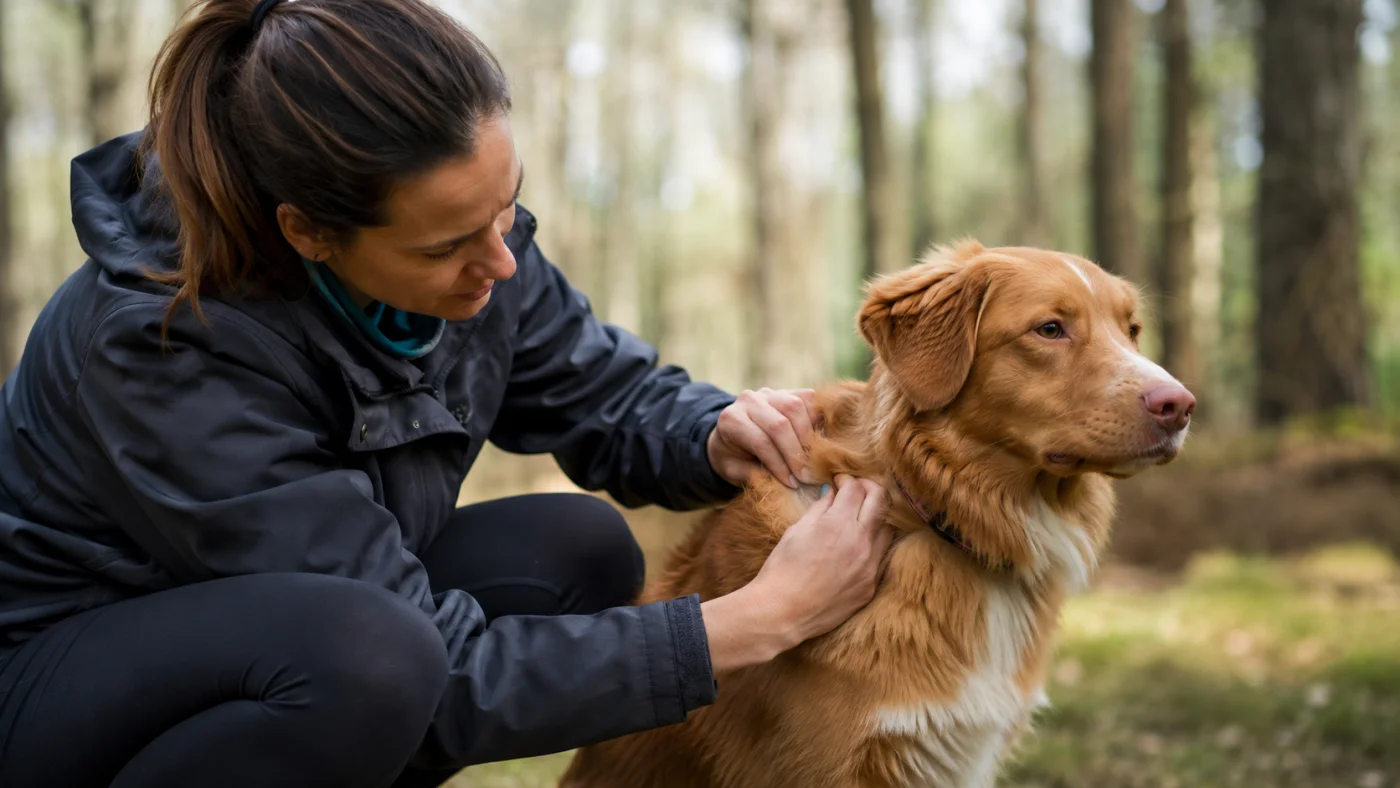 Propriétaire inspectant le pelage de son chien après une balade en forêt