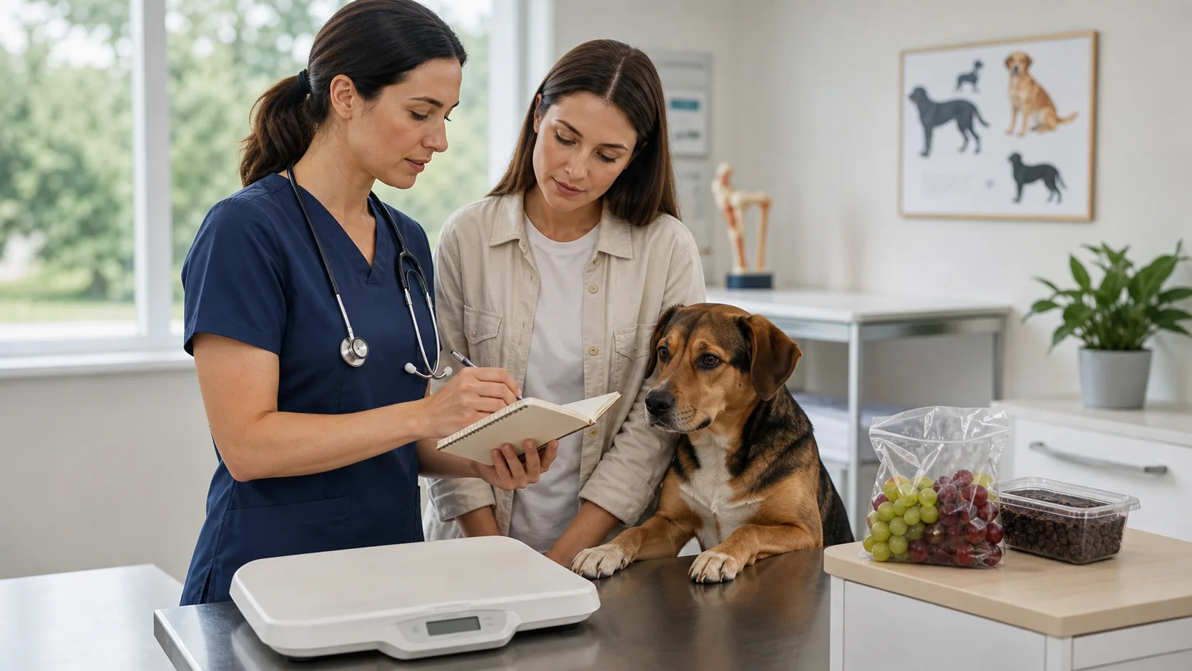 Vétérinaire estimant avec un propriétaire la dose de raisin avalée par un chien