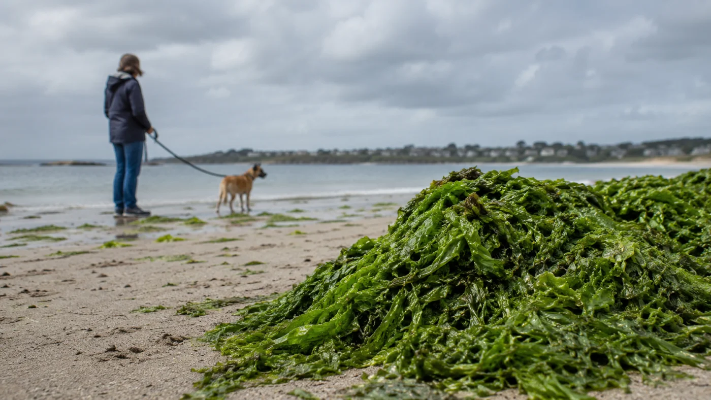 Amas d'algues vertes échouées sur une plage bretonne, chien tenu en laisse à distance