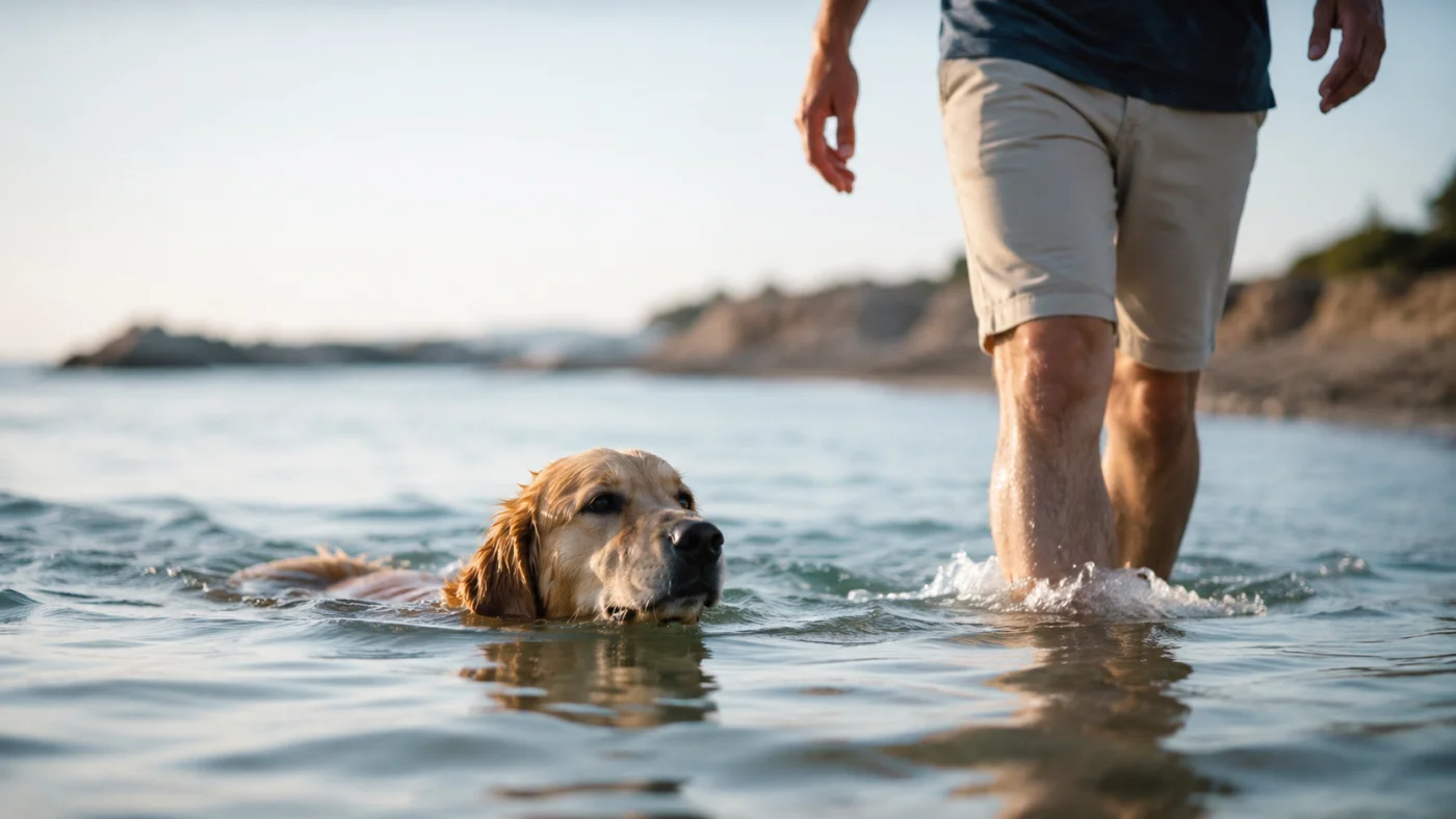 Chien qui nage près du bord dans une zone surveillée, accompagné de son maître