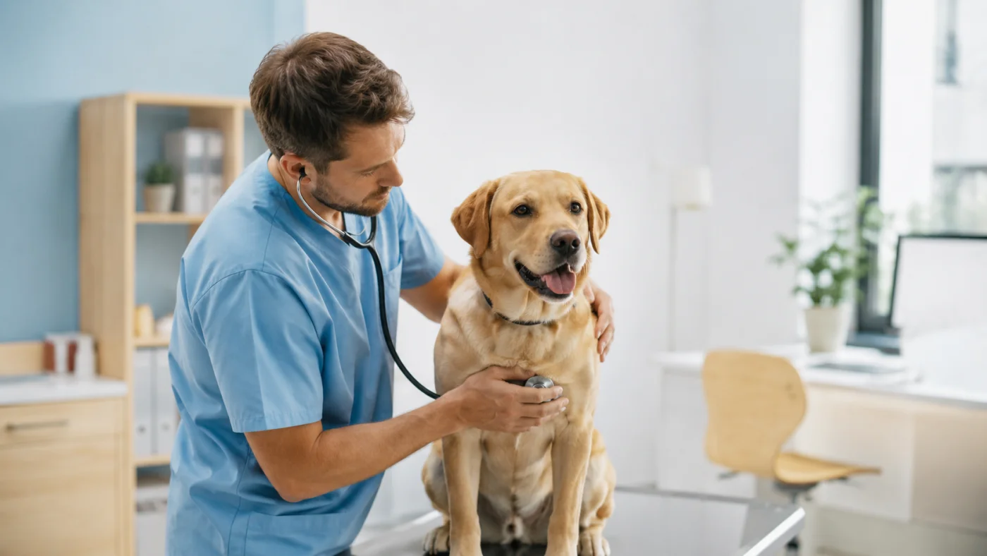 Vétérinaire examinant un chien après une sortie à la plage