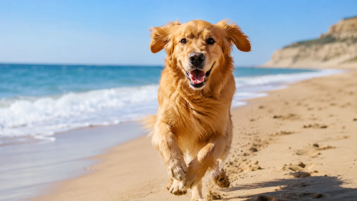 Chien qui court joyeusement sur une plage ensoleillée
