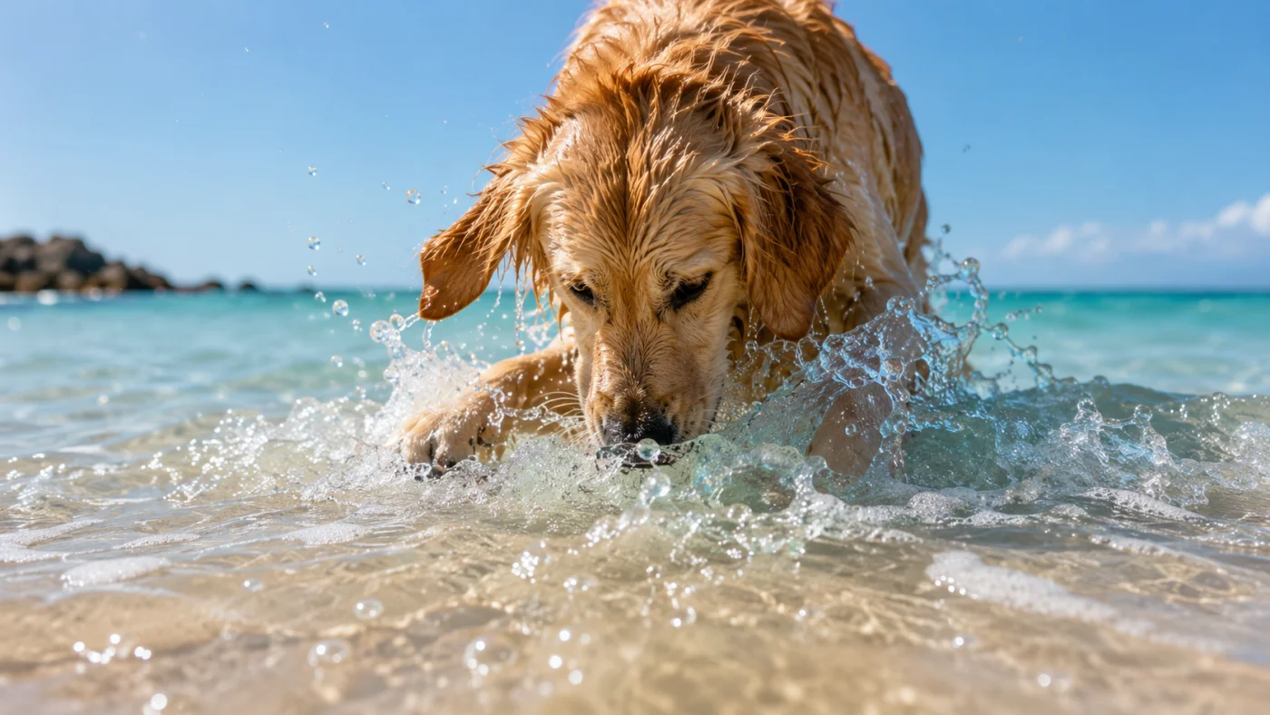 Chien qui boit dans une vague au bord de la mer