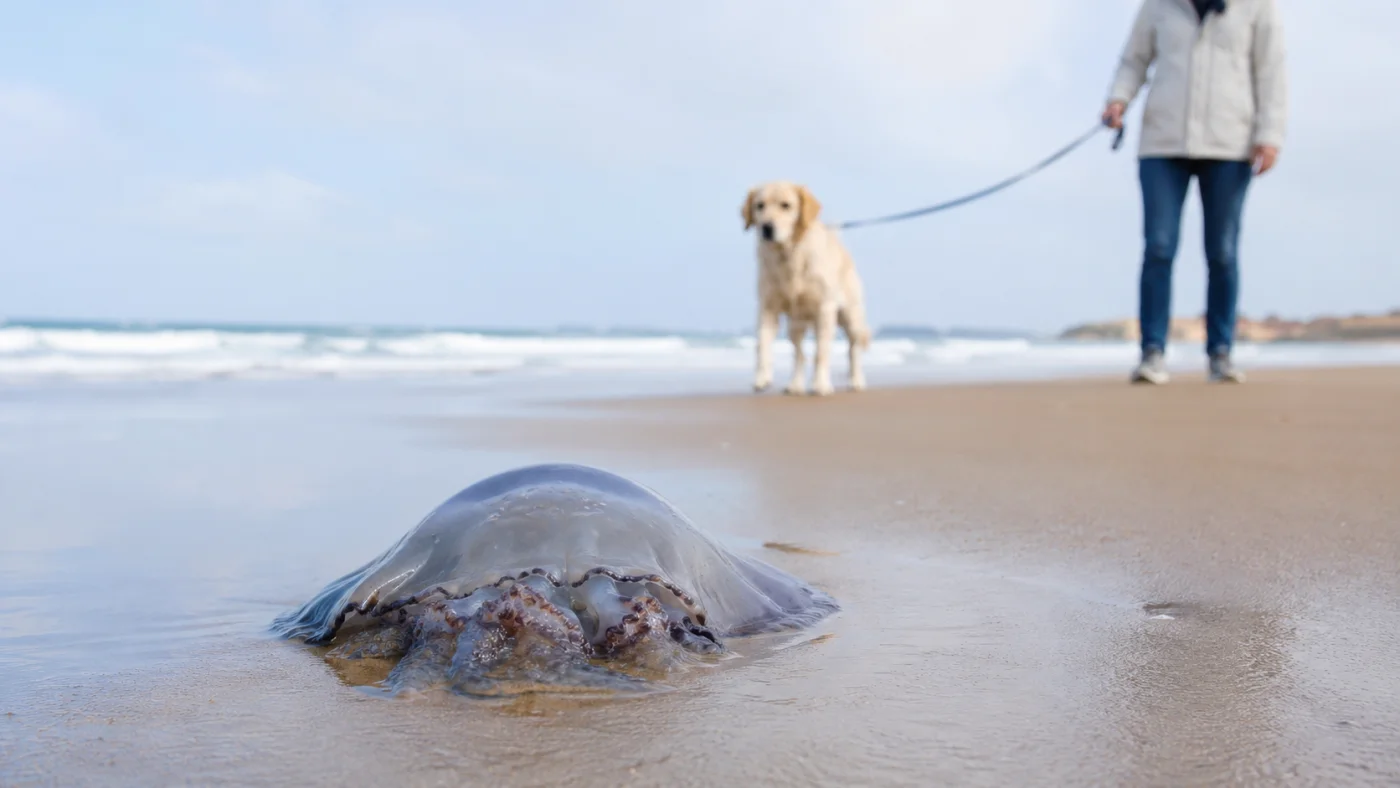 Méduse échouée sur le sable avec un chien tenu à distance prudente par son propriétaire