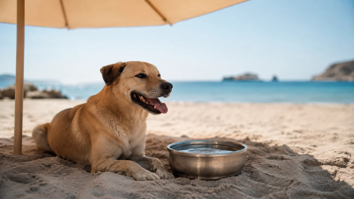 Chien haletant à l'ombre d'un parasol avec une gamelle d'eau fraîche