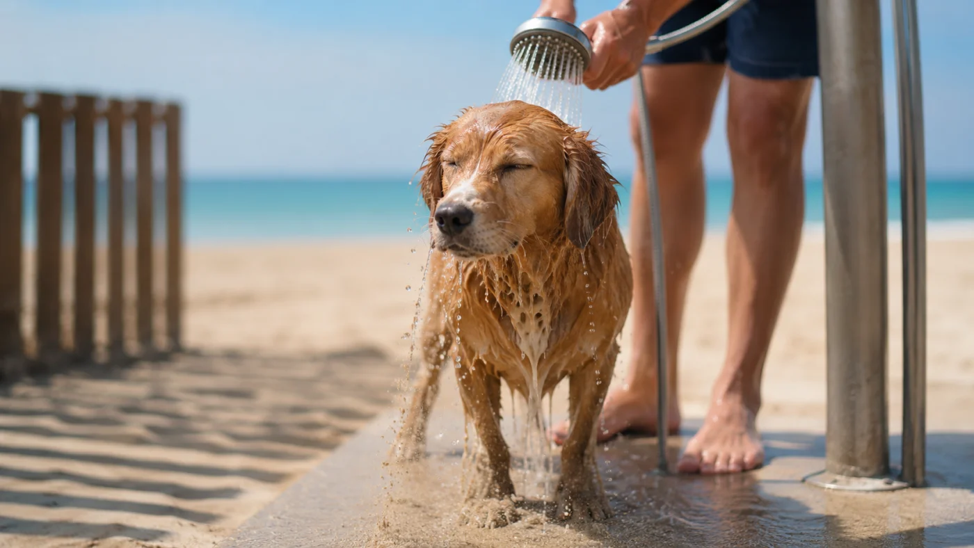 Chien rincé à la douche extérieure après une sortie à la plage
