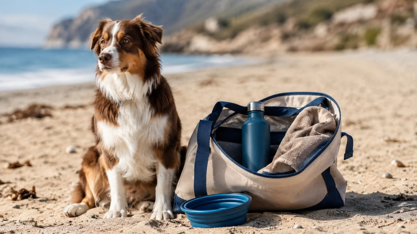 Sac de plage pour chien avec gamelle pliable, gourde d'eau et serviette